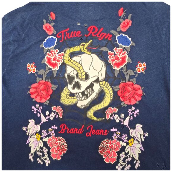 True Religion XXL Distressed Unisex Navy T-Shirt Skull Snake Roses Single Stitch - Picture 13 of 16